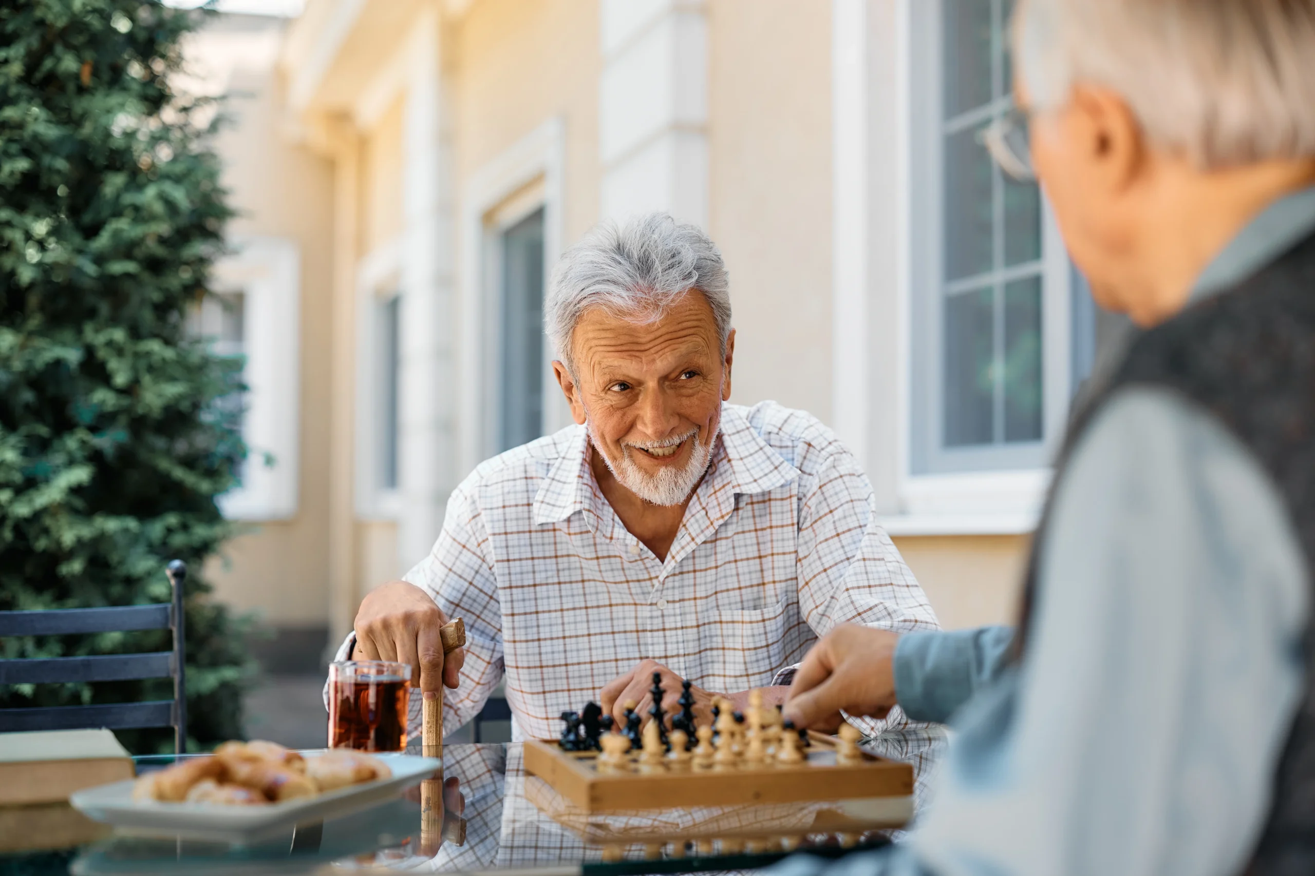 Residents socializing in a continuing care retirement community